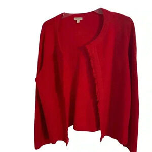 Talbots women’s red open cardigan with fringe edge. Heavy weight cotton sz large